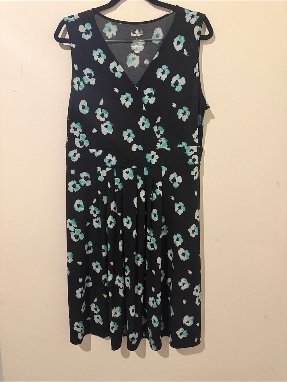 Croft & Barrow Black Teal Floral Sleeveless Faux Wrap Pleated Dress Size large